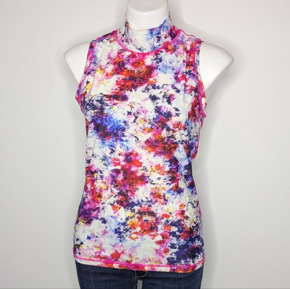 Athleta Hypersonic Pink White Mock Neck Zipper Back Rashguard Tank Top M
